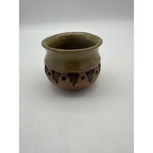 Vintage Studio Art Pottery Bowl Stamped MC 3.5 w 3.5 H Green and Brown